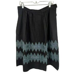 Black Linen A-Line Skirt Blue Embroidery No Closure Sz. L